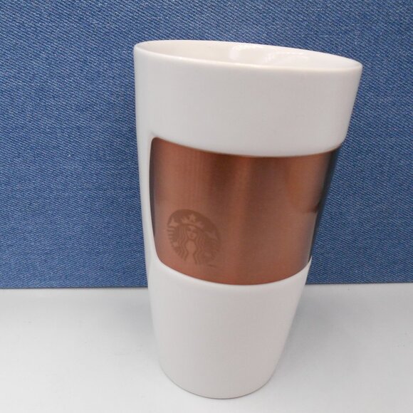 STARBUCKS 2012 COPPER BAND WHITE BASE CERAMIC COFFEE TEACUP MUG TUMBLER - Picture 1 of 7
